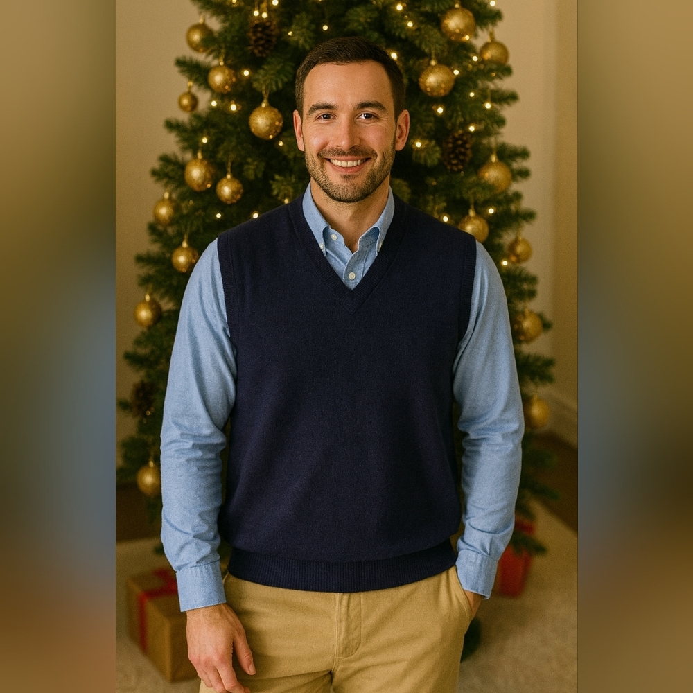 Vintage Bloomingdale’s Men’s Store 100% Lambswool Sweater Vest Navy Blue Size L